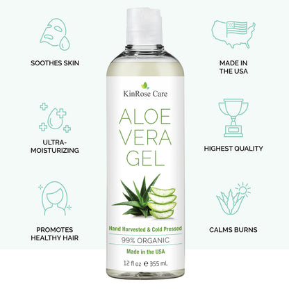 KinRose Care, 12oz Organic Aloe Vera Gel for Face, Skin, Hair & Sunburn Relief - From 100 Percent Pure Aloe Vera