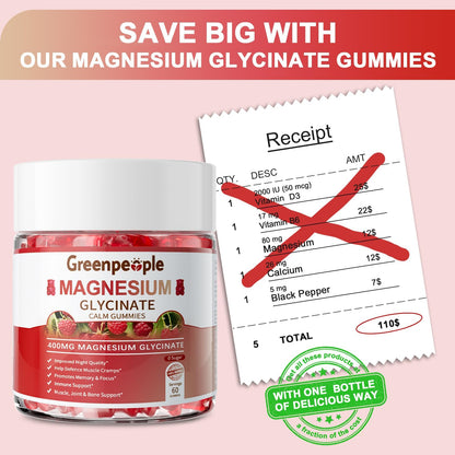 GREENPEOPLE Magnesium Glycinate Gummies 400mg - Sugar Free Magnesium Supplement with Magnesio Citrate, Vitamin D, and B6 for Calm Support & Sleep for Adults