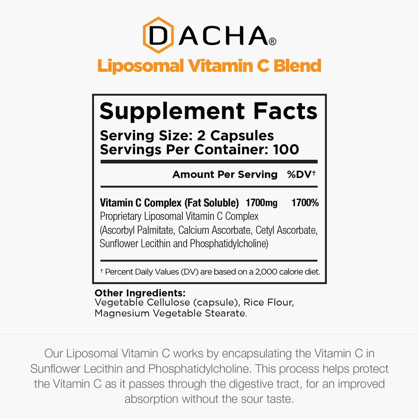 DACHA Natural Liposomal Vitamin C - 1700mg, 200 Capsules, Immune System & Collagen Booster, High Absorption Fat Soluble VIT C