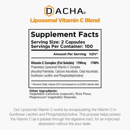DACHA Natural Liposomal Vitamin C - 1700mg, 200 Capsules, Immune System & Collagen Booster, High Absorption Fat Soluble VIT C