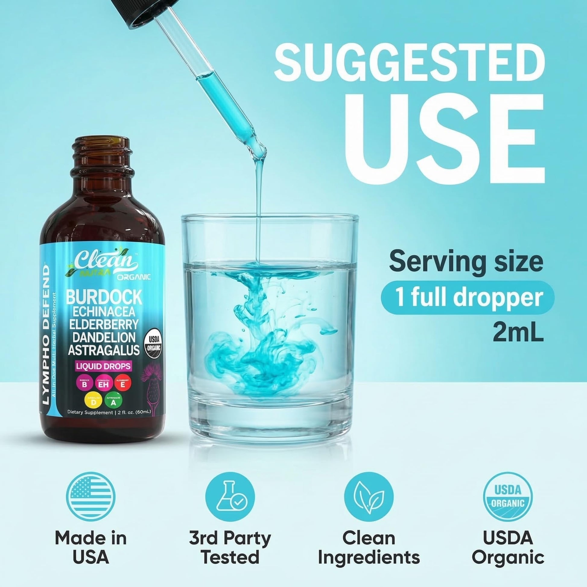 Organic Lymphatic Drainage Supplement | Lymphatic Support Drops | Burdock Root Echinacea Elderberry Dandelion Astragalus Milk Thistle Sea Moss Red Clover Cleanse Marigold Drop By Clean Nutra Clean Nutraceuticals buy supplements Au