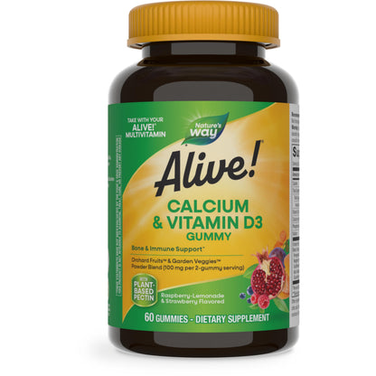 Nature’s Way Alive! Chewable Calcium Gummies with Vitamin D3, Daily Supplement Supports Healthy Bones and Teeth, and Muscle Function*, Strawberry and Raspberry