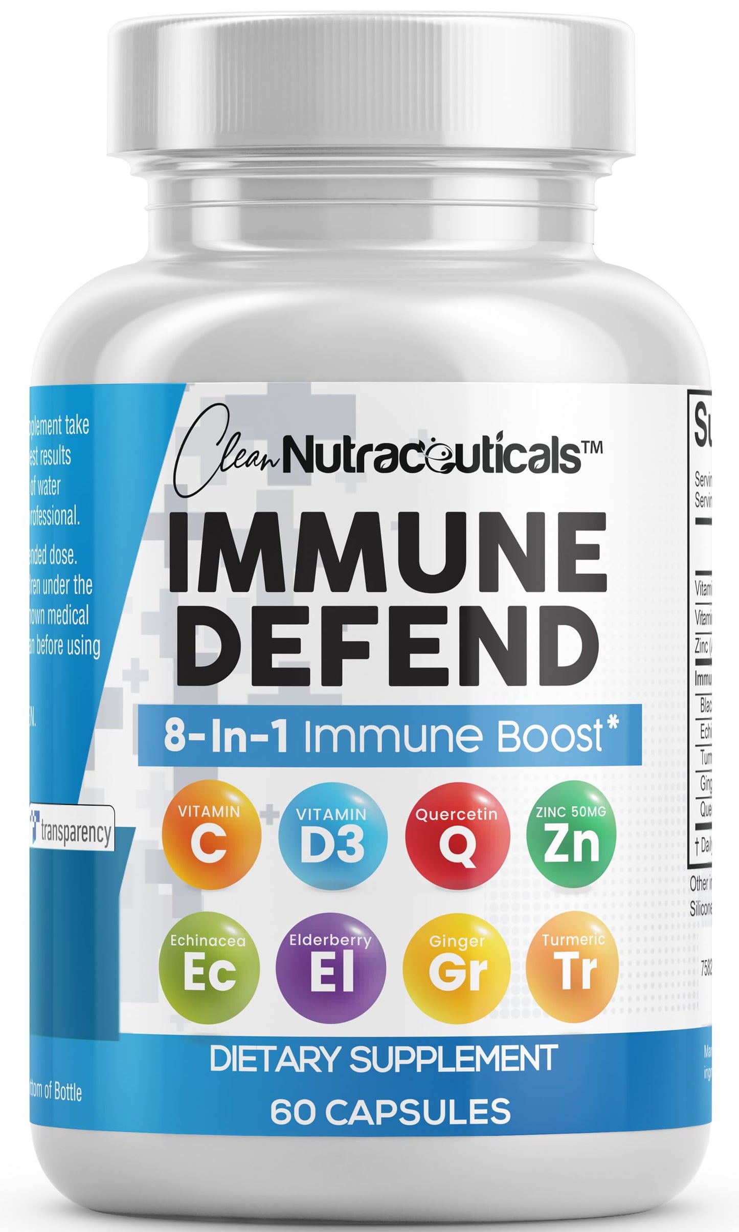 Clean Nutraceuticals Immune Defense Support Supplement 8 in 1 with Zinc 50mg Quercetin, VIT C 1000mg, Vitamin D3 5000 IU, Elderberry, Ginger - Immunity System Booster for Adults, Vegan - 60 Count Clean NutraceuticalsBuy Supplements Australia