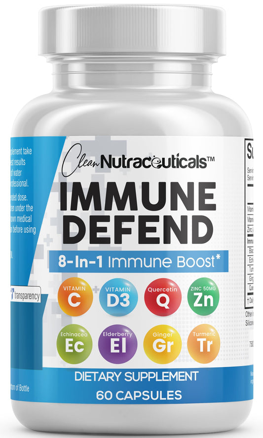 Clean Nutraceuticals Immune Defense Support Supplement 8 in 1 with Zinc 50mg Quercetin, VIT C 1000mg, Vitamin D3 5000 IU, Elderberry, Ginger - Immunity System Booster for Adults, Vegan - 60 Count Clean NutraceuticalsBuy Supplements Australia
