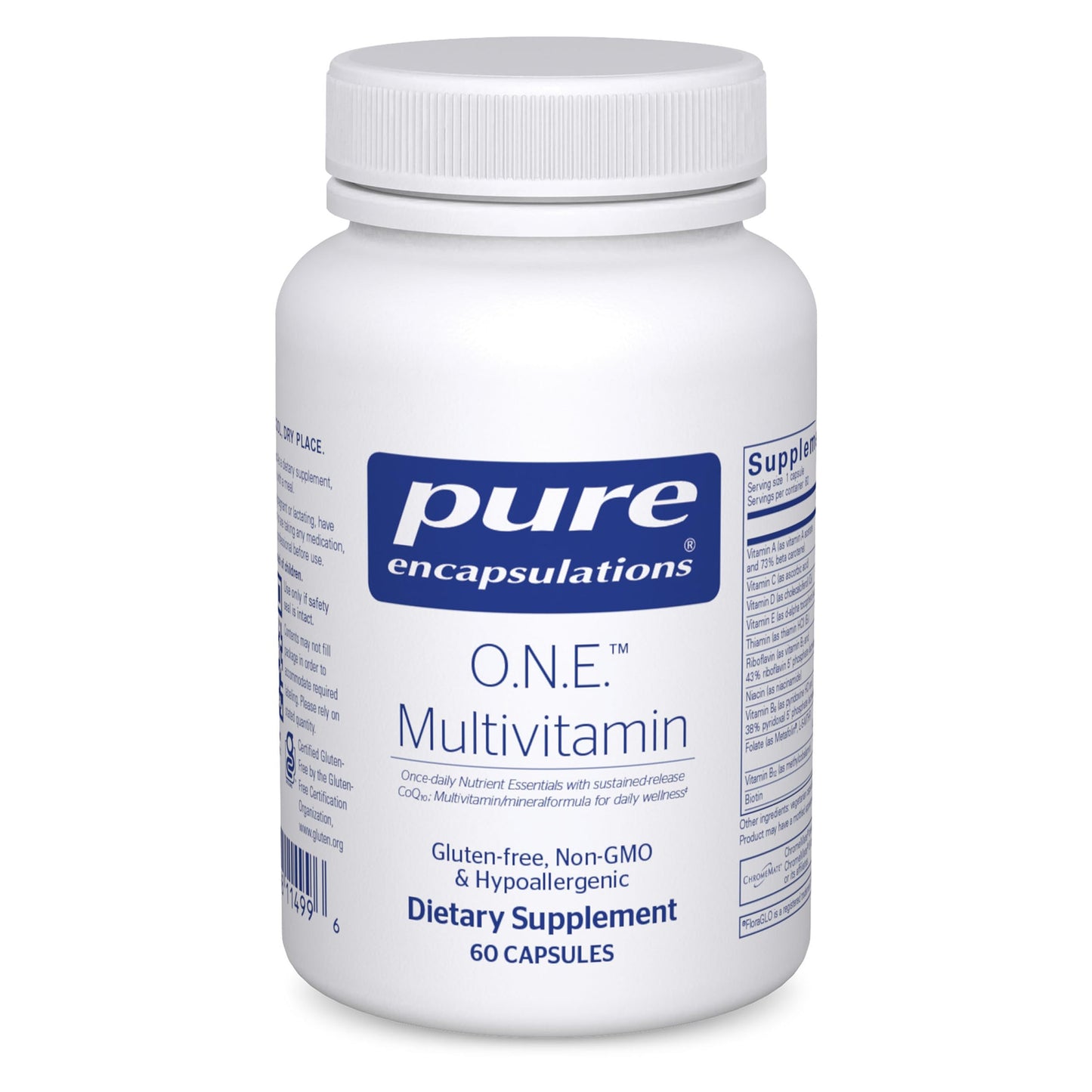 White supplement bottle labeled 'pure encapsulations O.N.E. Multivitamin' on a white background