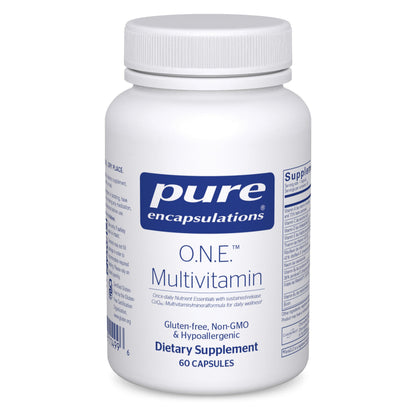 White supplement bottle labeled 'pure encapsulations O.N.E. Multivitamin' on a white background