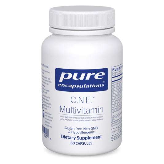 White supplement bottle labeled 'pure encapsulations O.N.E. Multivitamin' on a white background