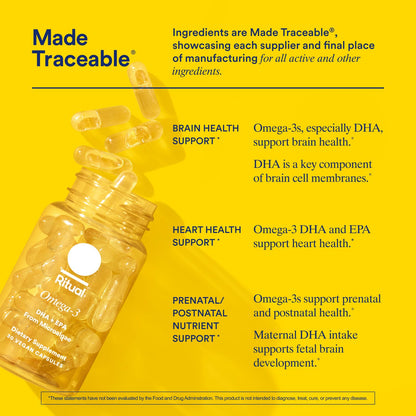 Ritual Vegan Omega 3 Supplement - Science-Backed Dose of DHA and EPA - Bioavailable Omega-3 from Algae Oil - Brain, Heart, and Eye Health Support