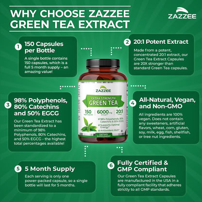 Zazzee Extra Strength Green Tea 20:1 Extract, 50% EGCG, 98% Polyphenols, 80% Catechins, 150 Vegan Capsules, 5 Month Supply, Certified Kosher