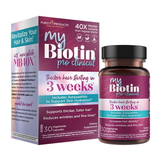 Purity Products MyBiotin ProClinical – Thicker Hair Starting in 3 Weeks & Fights Wrinkles - MB40X Patented Biotin Vitamin B7 Matrix w/Astaxanthin