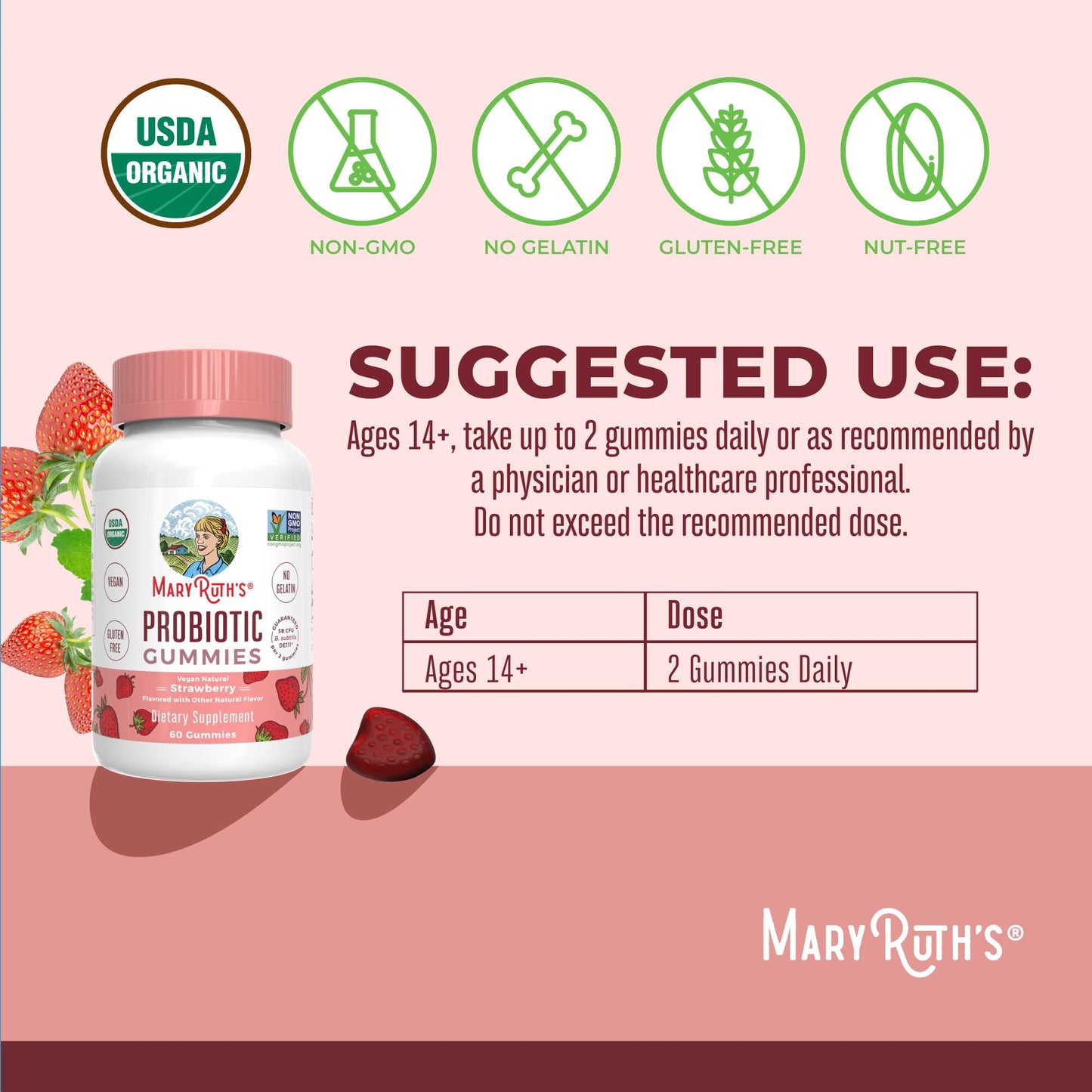 MARYRUTH'S USDA Organic Probiotic Gummies Probiotic Digestive Support | Immune Support | Digestive & Gut Health Supplement | 5 Billion CFU
