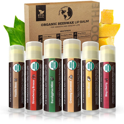 Earth's Daughter USDA Organic Lip Balm 6-Pack - Fruit Flavors, Beeswax, Coconut Oil, Vitamin E - Best Lip Repair