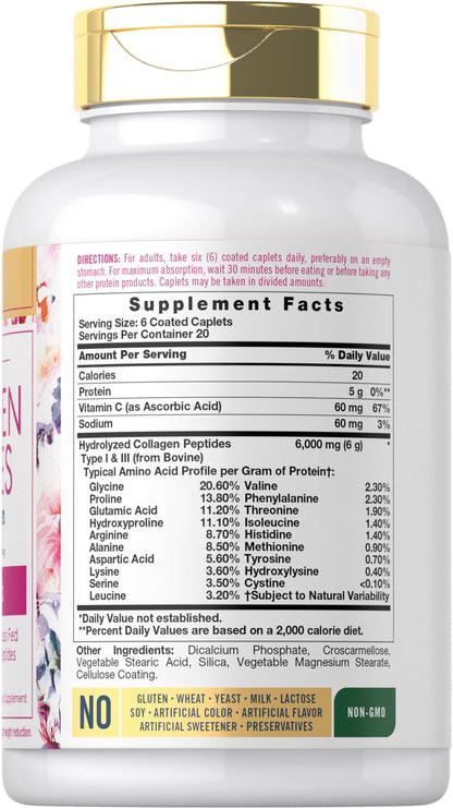 Carlyle Collagen Peptides with Vitamin C | 6000mg | 120 Caplets | Grass Fed Type II & III | Beauty Formula | Non-GMO, Gluten Free Supplement Carlyle buy supplements Au