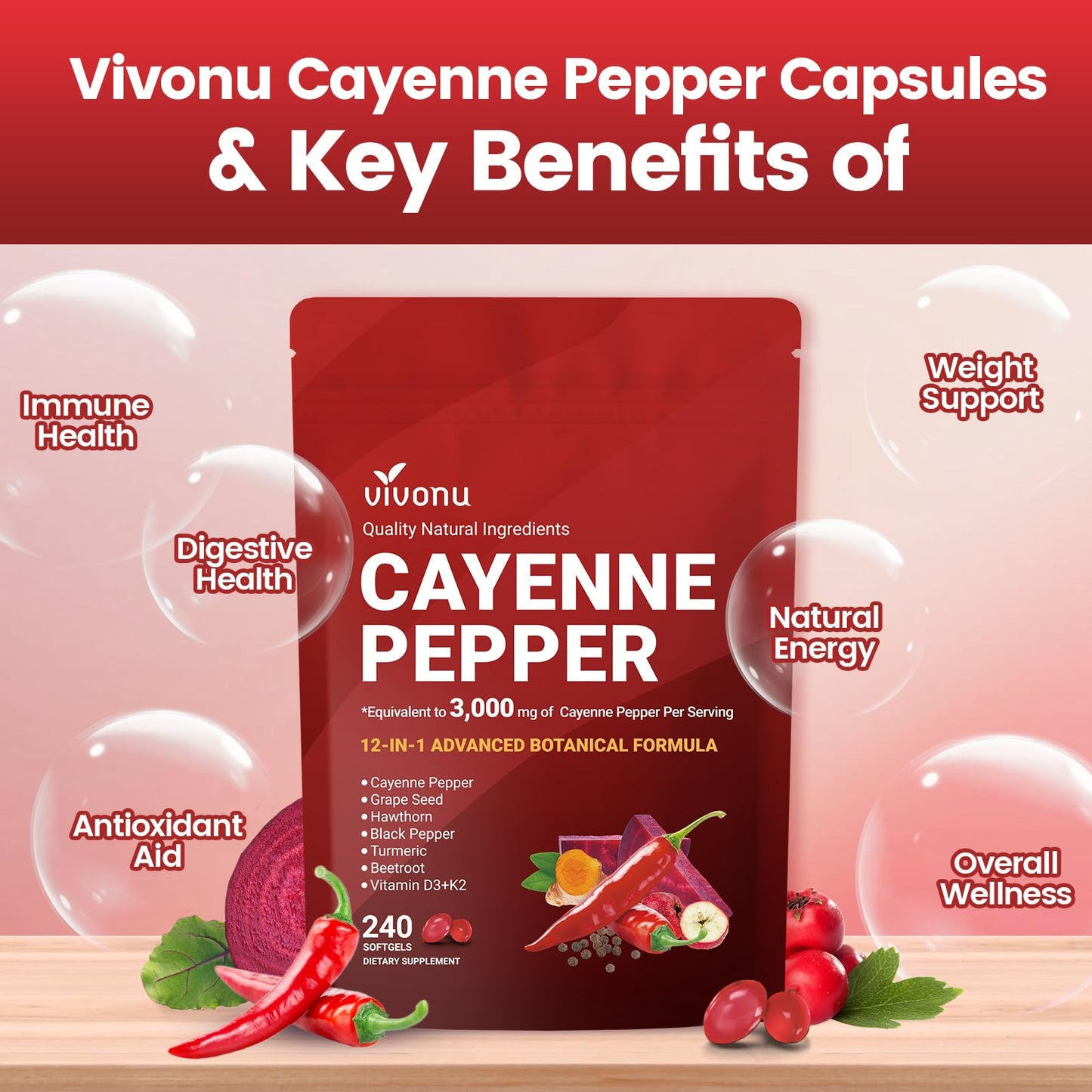 VivoNu Cayenne Pepper Softgels Supplement, Supports Leg Vein, Heart and Blood Vessel Health, with Vitamin E D3+K2 and Extracts of Grape Seed, Hawthorn, Beetroot, Berberine (Softgel / 1 Bag) VivoNu buy supplements Au