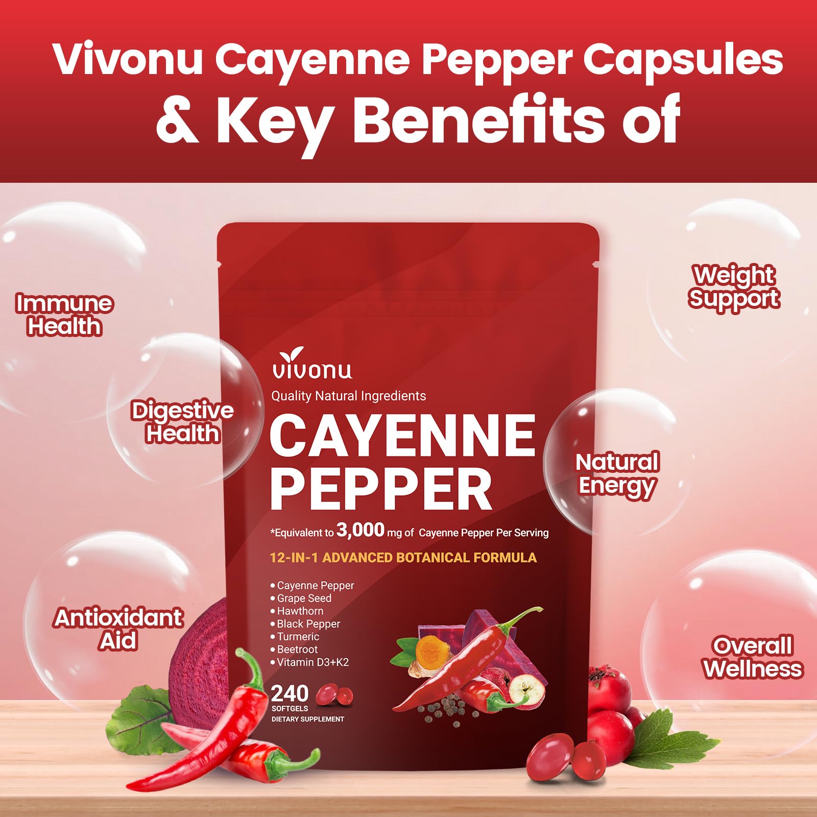 VivoNu Cayenne Pepper Softgels Supplement, Supports Leg Vein, Heart and Blood Vessel Health, with Vitamin E D3+K2 and Extracts of Grape Seed, Hawthorn, Beetroot, Berberine (Softgel / 1 Bag) VivoNu buy supplements Au