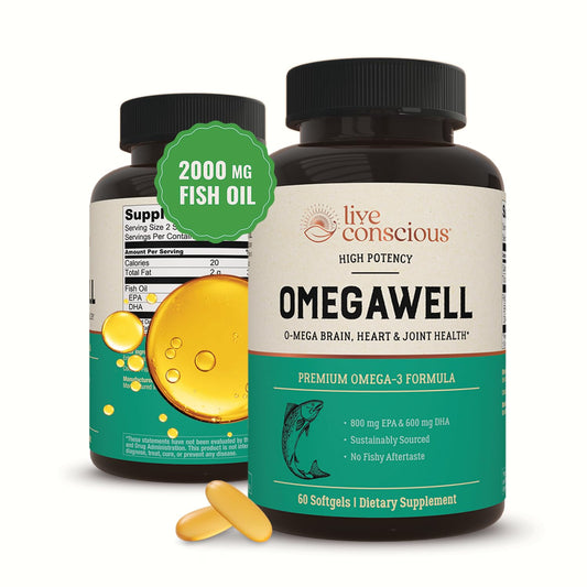 Live Conscious OmegaWell Omega 3 Fish Oil - 2000mg Capsules: Heart, Brain, & Joint Support - 800 mg EPA 600 mg DHA - Sustainably Sourced - Softgels - 30 Day Supply Live ConsciousBuy Supplements Australia