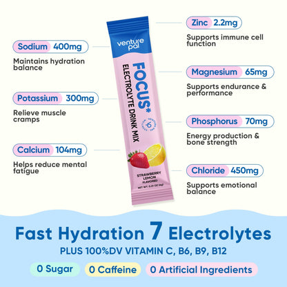 Venture Pal 2-in-1 Hydration Packets + Focus Support Electrolytes Powder, 7 Electrolytes + Vitamins, Magnesium, Lion's Mane & L-Theanine