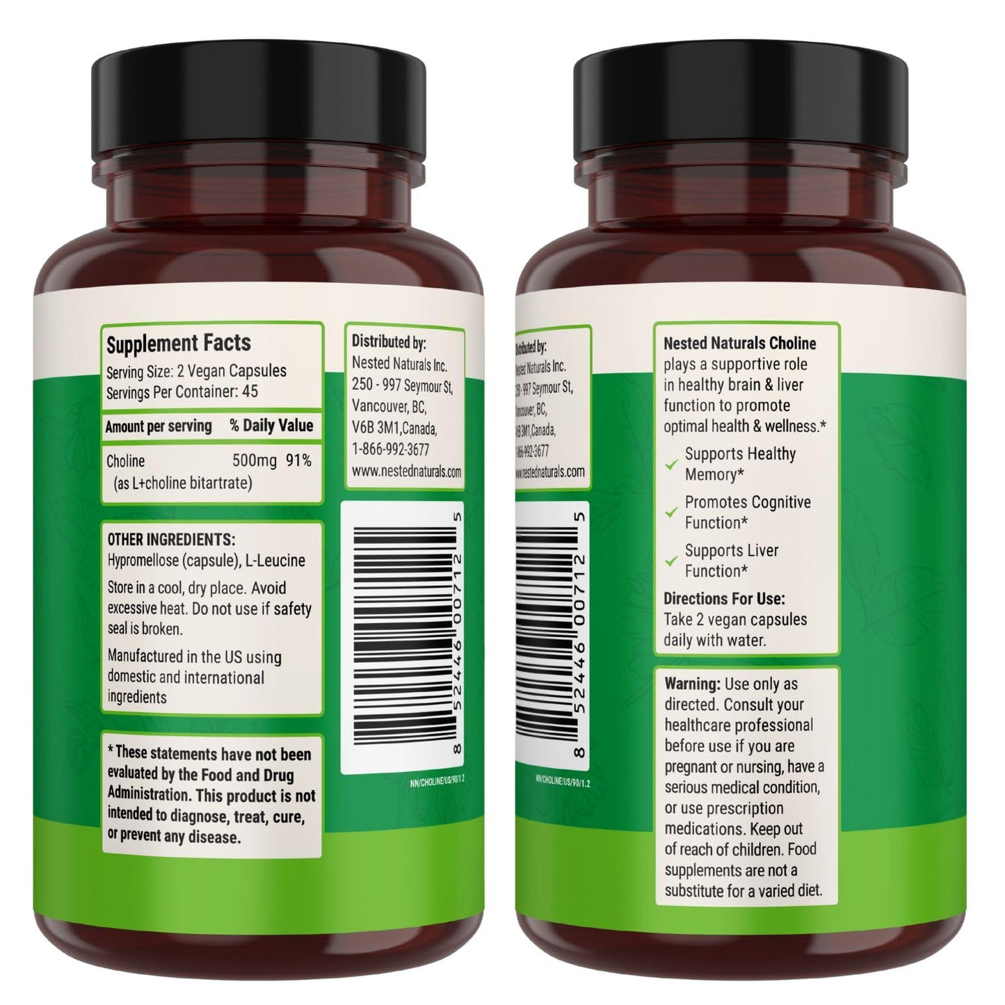 Nested Naturals Choline Bitartrate 500mg Per Serving - High Potency Choline Supplements - Supports Cognitive Performance & Liver Function -