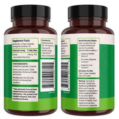 Nested Naturals Choline Bitartrate 500mg Per Serving - High Potency Choline Supplements - Supports Cognitive Performance & Liver Function -