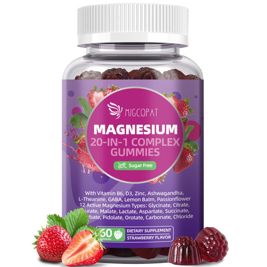 Bottle of magnesium gummies with a purple label on a white background
