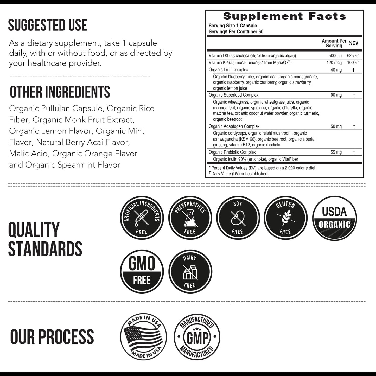 Organic Plant D3 + K2 | 5000 iu D3 + 120 mcg K2 as All-Trans MK7 from MenaQ7® - 100% Whole Food, Raw & Vegan | Enhanced Digestion with Prebiotic