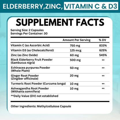 Elderberry Immune Support Supplement 8-in-1 Formula with Echinacea, Vitamin C & Zinc, Vitamin D 5000 IU, Turmeric, Ginger, Ashwagandha – 60 Capsules