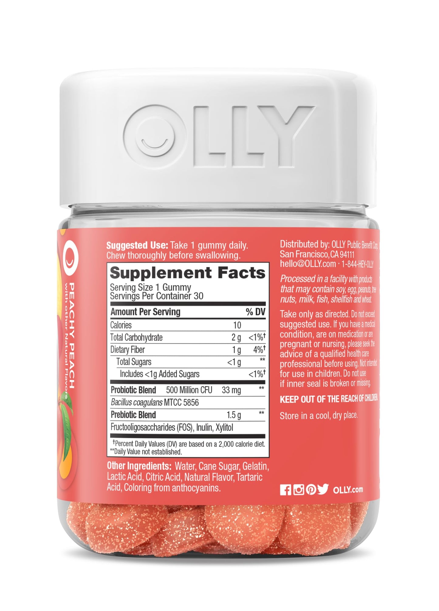 OLLY Probiotic + Prebiotic Gummy, Digestive Support and Gut Health, 500 Million CFUs, Fiber, Adult Chewable Supplement