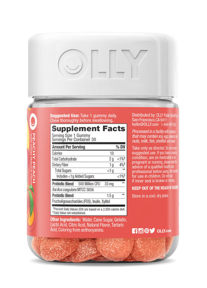 OLLY Probiotic + Prebiotic Gummy, Digestive Support and Gut Health, 500 Million CFUs, Fiber, Adult Chewable Supplement