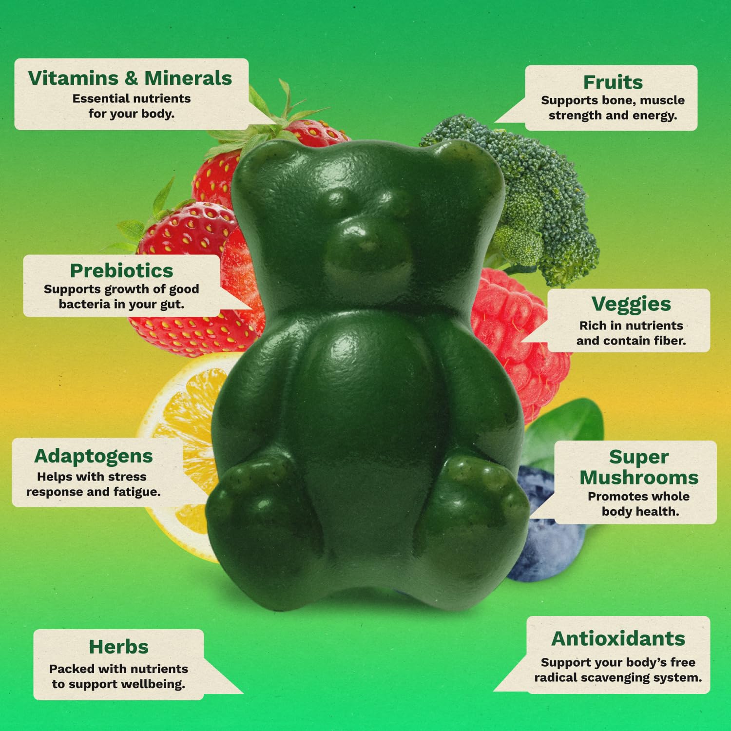 Gruns Sugar-Free Super Greens Gummies, Multivitamin Superfood Gummy Bears, Spirulina, Chlorella, Prebiotics & Fiber gummies for Digestive Health, Adaptogens Supplement, 20 Vitamins & Minerals, 10 pack Grüns buy supplements Au