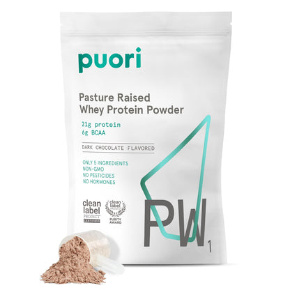 Puori Whey Protein Powder, Dark Chocolate - PW1 Pasture-Raised, Grass-Fed Whey Protein Powder Drink Mix containing BCAA Amino Acids - Post-Workout Supplement for Muscle Gain & Recovery - 30 Servings