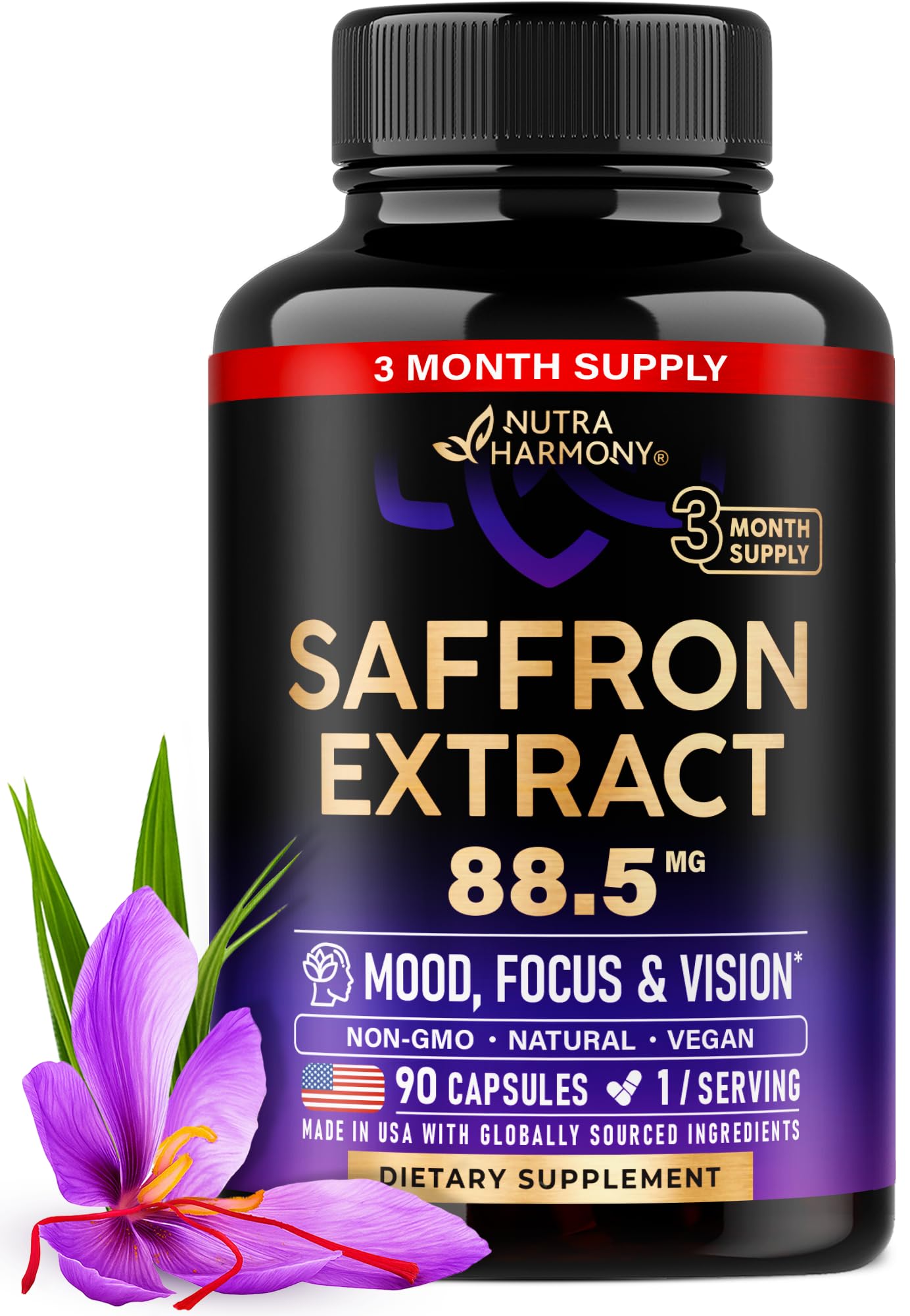 Natural Saffron Supplements - Pure Saffron Extract 88.5 mg - Mood | Focus | Vision | Energy Support - Eye Health for Women & Men - Lab Tested - NonGMO Vegan Pills