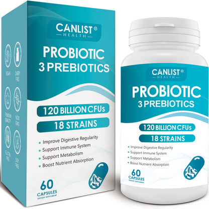 CANLIST Probiotics 120 Billion CFUs 18 Strains, 3 Prebiotics & Digestive Enzymes for Men Women,Digestive & Immune Support