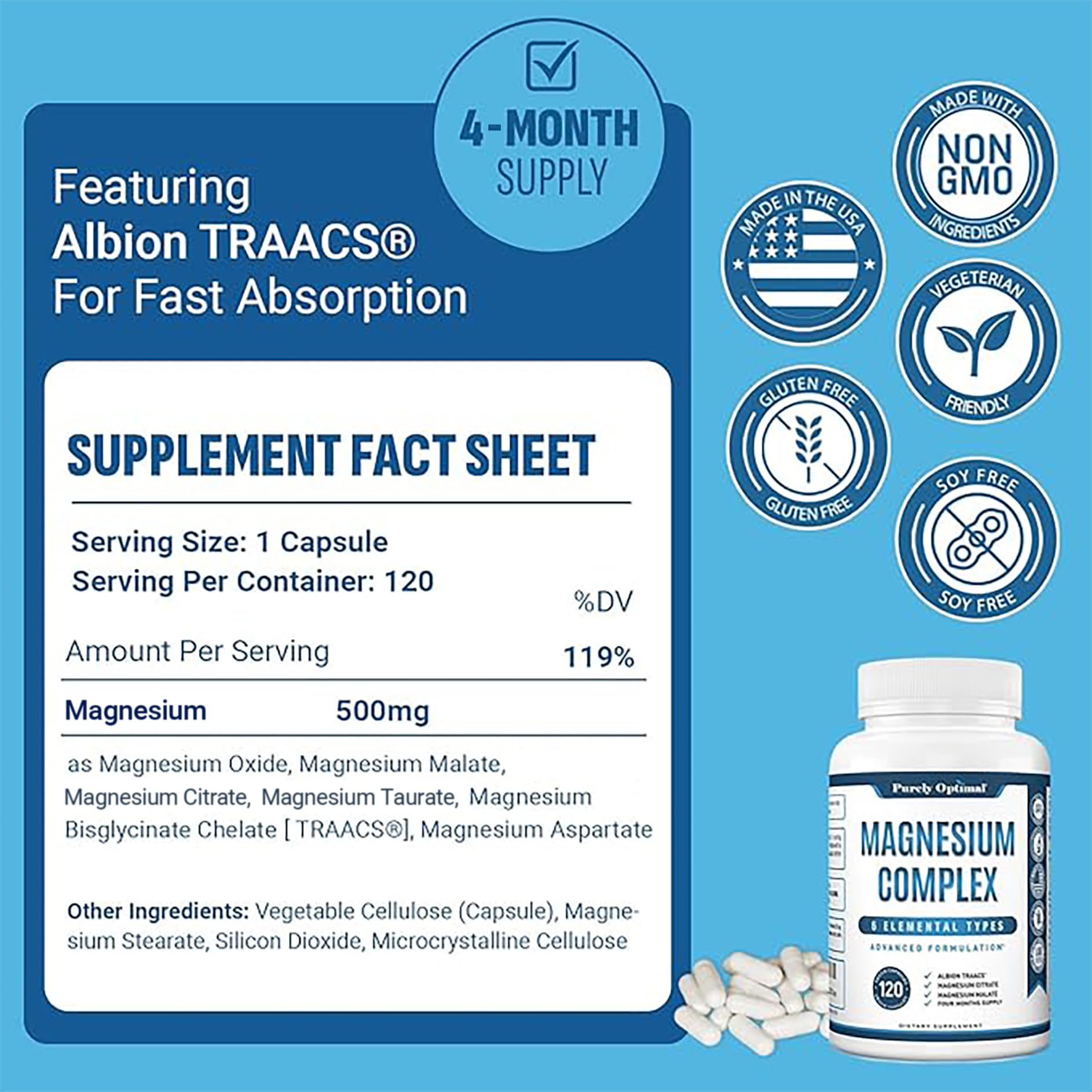Purely Optimal Magnesium Complex - 6 Forms Magnesium Glycinate, Citrate & Malate - Sleep Support, Stress Relief, Muscles, Heart Health & Relaxation - Magnesium Supplement for Women & Men, 120 Caps Purely Optimal buy supplements Au