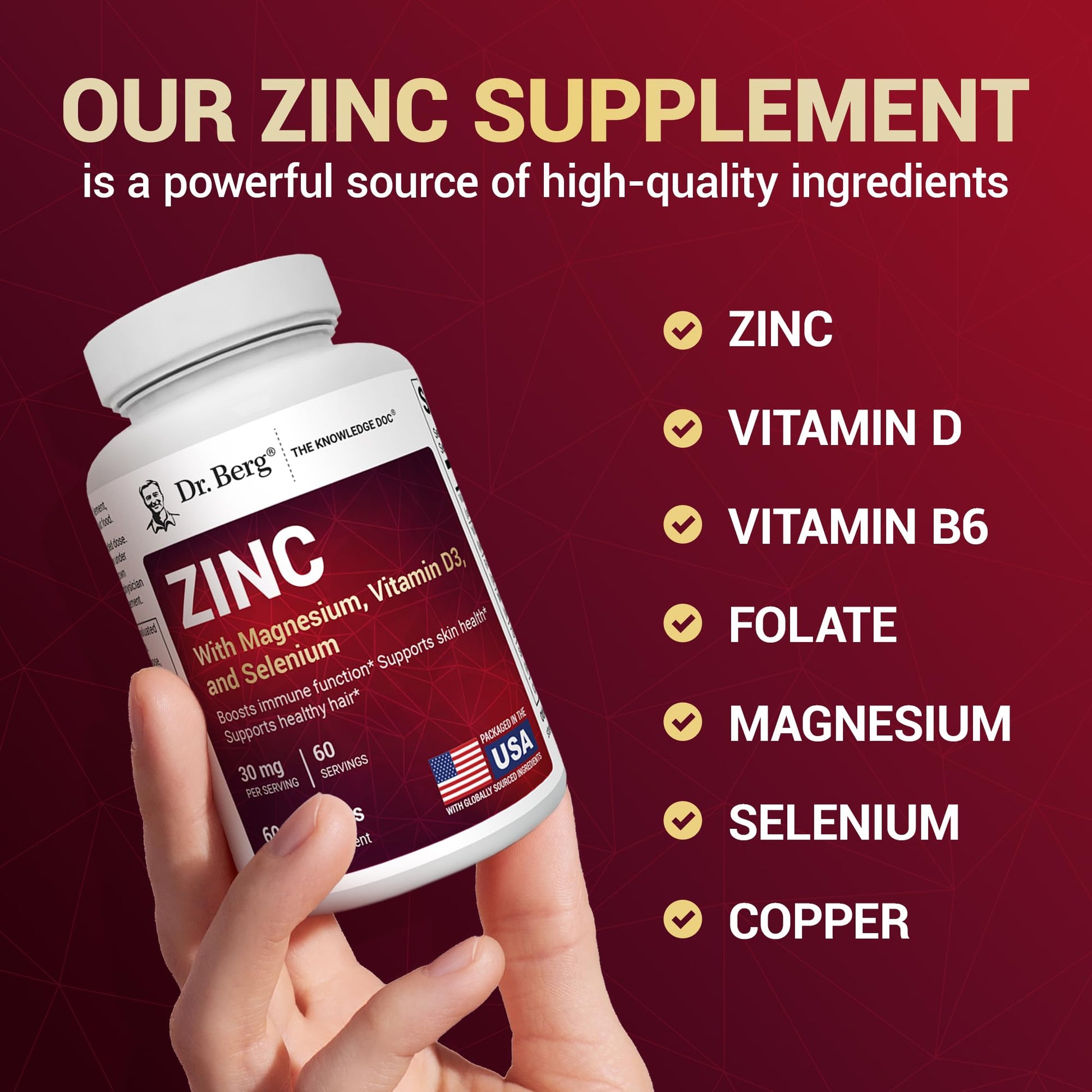 Dr. Berg Zinc 30mg Enhanced with Magnesium, Vitamin D3, Selenium, & Copper - Zinc Supplements for Men & Women - Chelated Zinc for Immune, Skin, Hair, & Nails Support* - 60 Capsules Dr. Berg NutritionalsBuy Supplements Australia