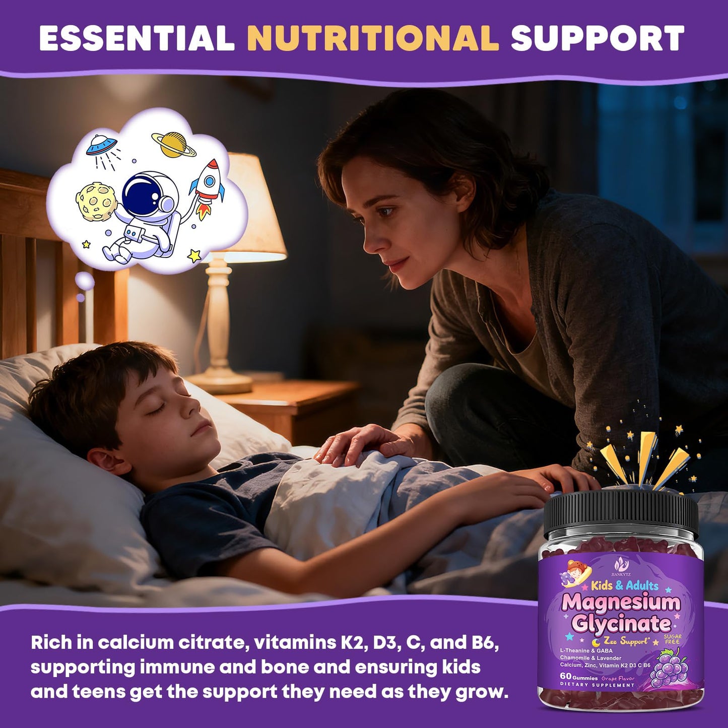 Sugar Free Magnesium Glycinate Gummies for Kids & Adults - Zzz Support, Relaxation & Cognition Support, 200/400mg Magnesium Gummies with L-Theanine, GABA, Calcium, B6, D3, C & K2, Grape Flavor, 60 Ct JIANKYTZBuy Supplements Australia