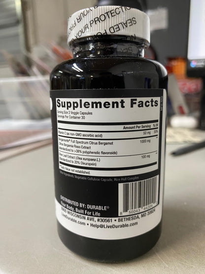 Durable Heart Bergamonte Citrus Bergamot 1000mg + Olive Leaf and Vitamin C Healthy-Cardiovascular Formula for Rate and Pressure, Healthy Cholesterol Pills