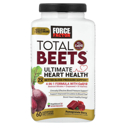 Force Factor Total Beets Ultimate Heart Health Chews for Blood Pressure Support, with Beetroot Powder, CoQ10, B Vitamins & Grapeseed Extract for Blood Flow & Energy