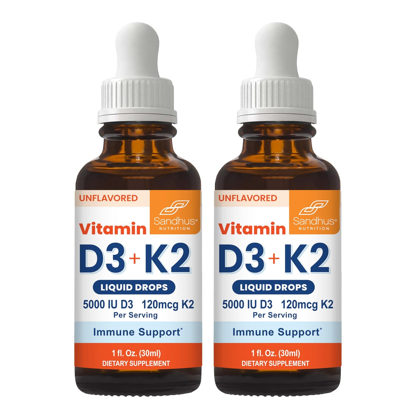 Sandhu's Vitamin D3 K2 Drops for Adults | 5000 IU D3 Liquid, 120mcg K2 Supplement 1 Fl Oz (Pack of 2) | D3K2 Supports Superior Absorption