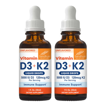 Sandhu's Vitamin D3 K2 Drops for Adults | 5000 IU D3 Liquid, 120mcg K2 Supplement 1 Fl Oz (Pack of 2) | D3K2 Supports Superior Absorption