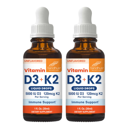 Sandhu's Vitamin D3 K2 Drops for Adults | 5000 IU D3 Liquid, 120mcg K2 Supplement 1 Fl Oz (Pack of 2) | D3K2 Supports Superior Absorption