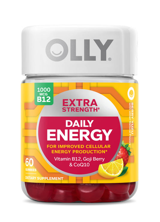 OLLY Extra Strength Daily Energy Gummy, Caffeine Free, 1000mcg Vitamin B12, CoQ10, Goji Berry, Adult Chewable Supplement