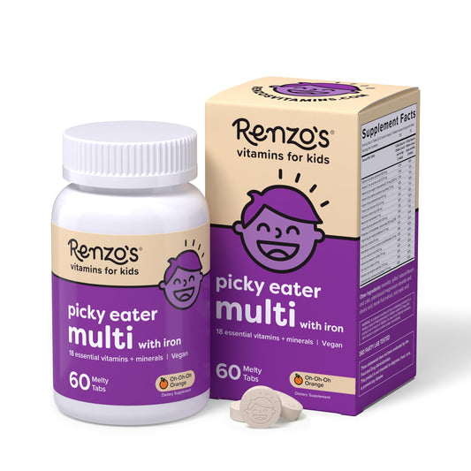 Renzo's Picky Eater Kids Multivitamin with Iron - Dissolvable Kids Vitamins with Iron, Zinc, Vitamin C, Vitamin D, E & K, Sugar-Free Melty Tabs, Orange Flavor