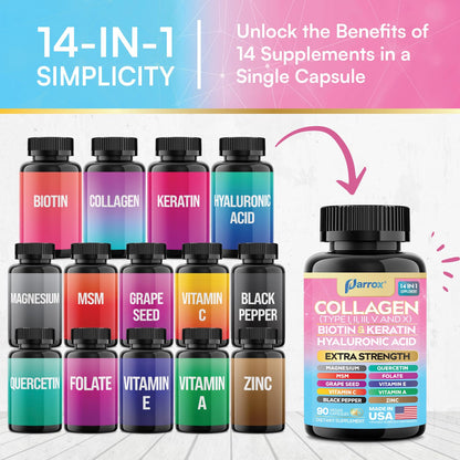 Parrox Collagen Peptides Types I, II, III, V & X, MCG Biotin, Keratin, Hyaluronic Acid, MSM, Zinc, Grape Seed Extract, Quercetin, Vitamin A, Vitamin C, Vitamin E, Magnesium, Folic Acid (90 Capsules) ParroxBuy Supplements Australia