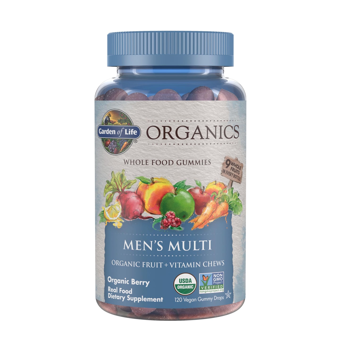 Garden of Life Organics Men's Gummy Vitamins - Berry - Certified Organic, Non-GMO, Vegan, Kosher Complete Multi - Methyl B12, C & D3 - Gluten