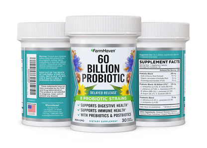 FarmHaven 60 Billion CFU Probiotic - 8 Probiotic Strains - Prebiotics & Postbiotics - Supports Digestive & Immune Health - Delayed Release - Shelf Stable - Non-GMO, Gluten Free - 30 Caps FarmHavenBuy Supplements Australia