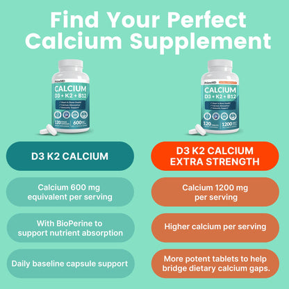 4-in-1 Calcium Supplements for Women & Men - Calcium Citrate with D3 K2 Vitamin 5000 IU - Calcium 600mg with Vitamin D3 K2 - Everyday Vitality Supplement -