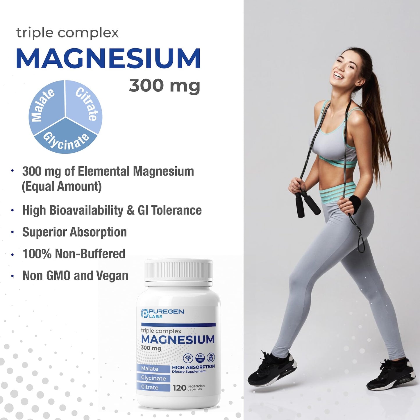 Puregen Labs Triple Magnesium Complex 300mg of Magnesium Glycinate, Malate, & Citrate [High Absorption] 120 Veg Capsules | No Harmful Additives | Non-GMO, NO Gluten and Dairy P Puregen Labs buy supplements Au