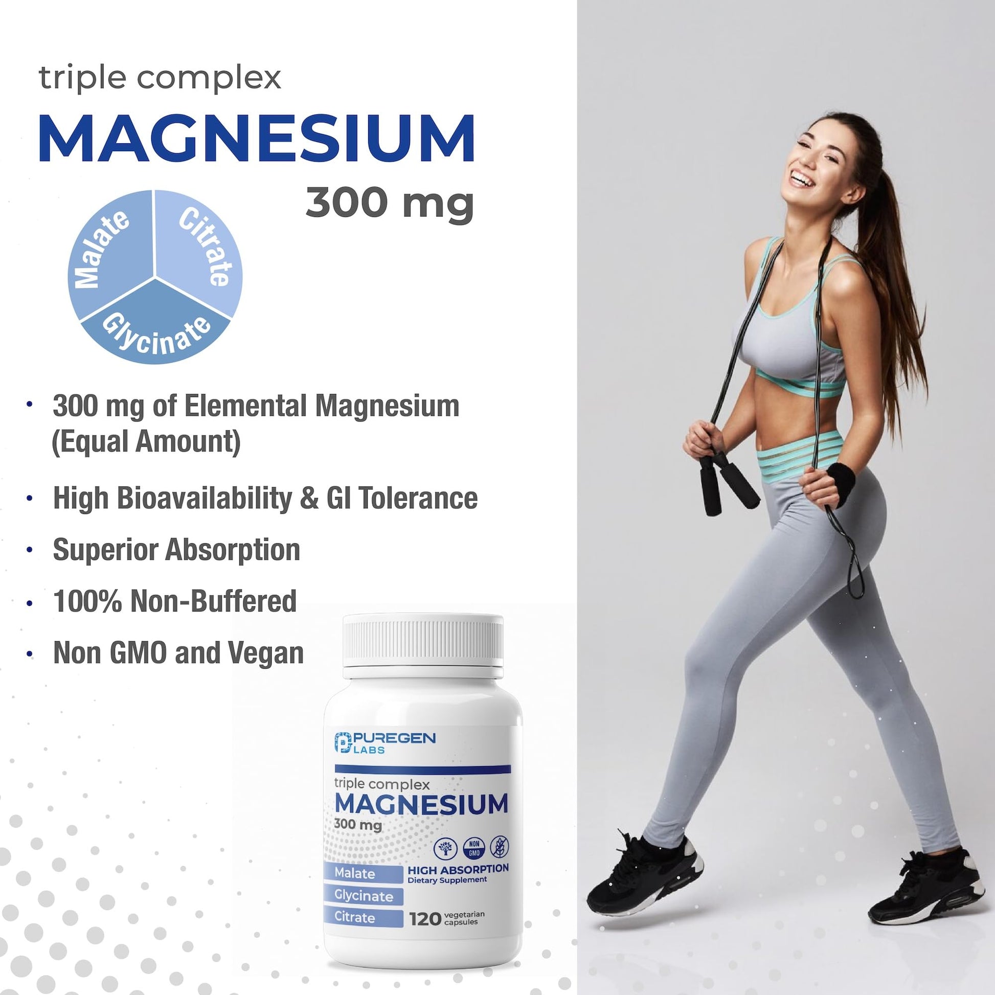 Puregen Labs Triple Magnesium Complex 300mg of Magnesium Glycinate, Malate, & Citrate [High Absorption] 120 Veg Capsules | No Harmful Additives | Non-GMO, NO Gluten and Dairy P Puregen Labs buy supplements Au