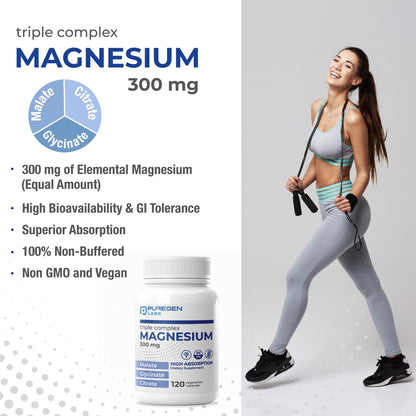 Puregen Labs Triple Magnesium Complex 300mg of Magnesium Glycinate, Malate, & Citrate [High Absorption] 120 Veg Capsules | No Harmful Additives | Non-GMO, NO Gluten and Dairy P Puregen Labs buy supplements Au
