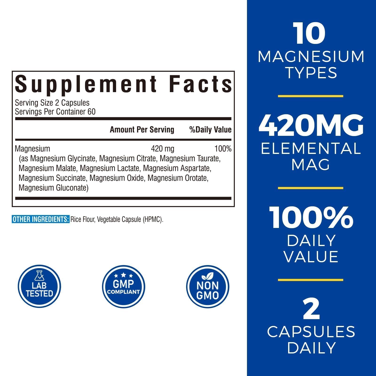 Vitalibre 10 in 1 Magnesium Complex, 420mg Elemental Magnesium | Ultra Strength, Max Absorption | Chelated Magnesium Supplement for Nerves, Bone & Heart Health | Non-GMO, 120 Vegan Capsules VitalibreBuy Supplements Australia